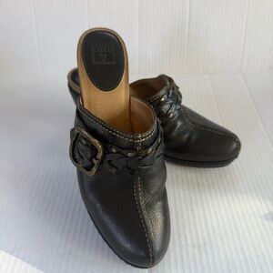 Frye Black Leather Mules with Buckle